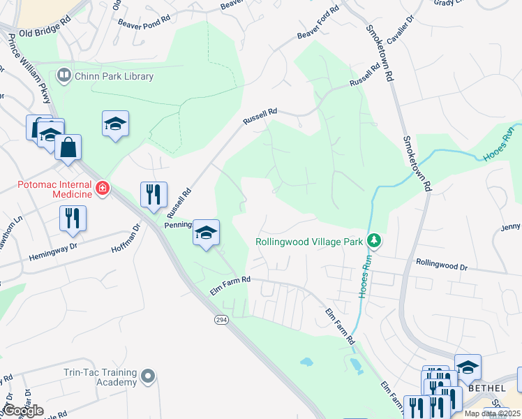map of restaurants, bars, coffee shops, grocery stores, and more near 13304 Vista Forest Drive in Woodbridge