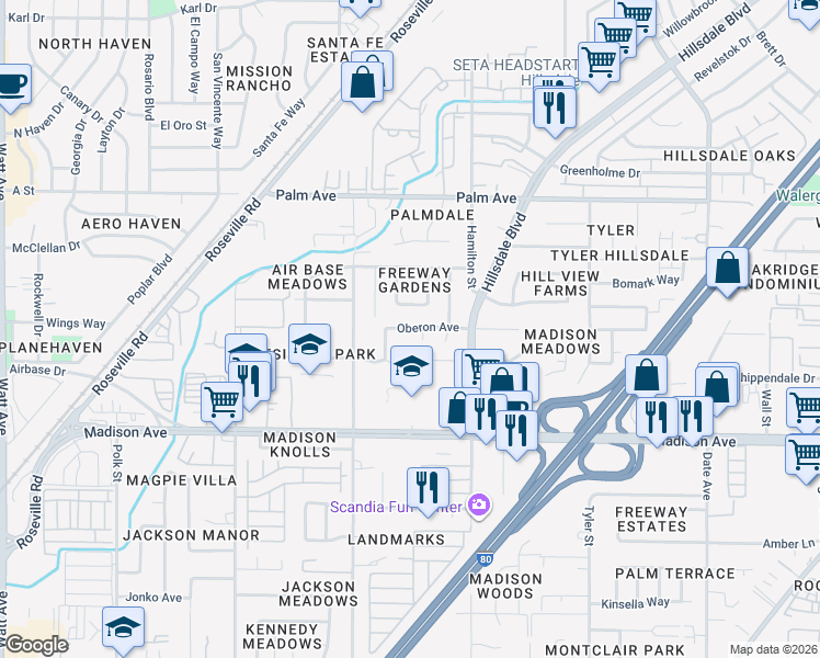 map of restaurants, bars, coffee shops, grocery stores, and more near 4150 Oberon Avenue in North Highlands