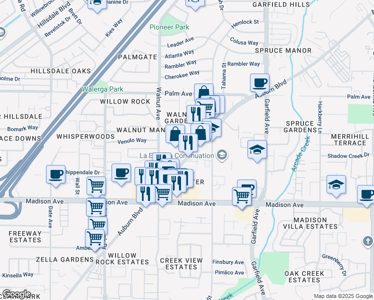 map of restaurants, bars, coffee shops, grocery stores, and more near 5181 Auburn Boulevard in Sacramento