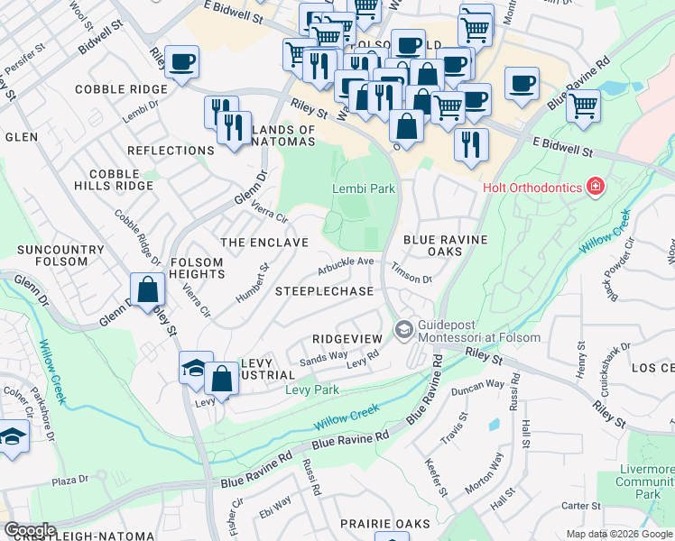 map of restaurants, bars, coffee shops, grocery stores, and more near 119 Arbuckle Avenue in Folsom