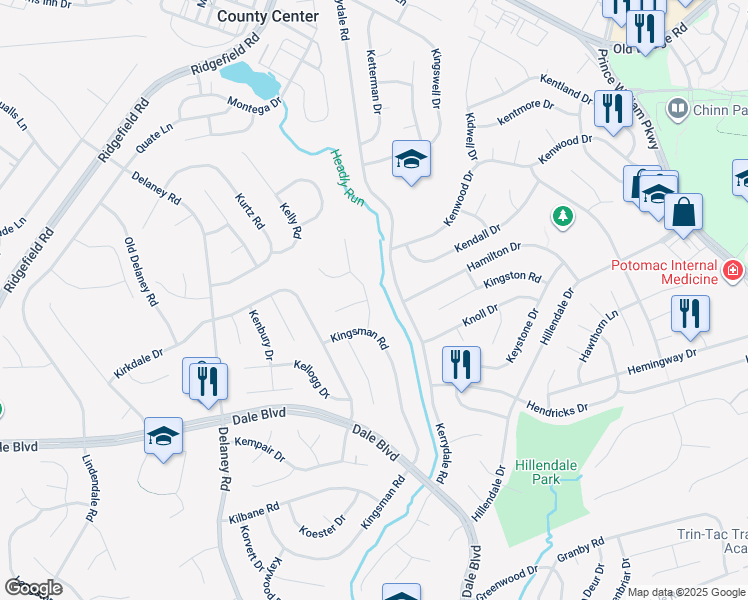 map of restaurants, bars, coffee shops, grocery stores, and more near 13299 Kenny Road in Woodbridge