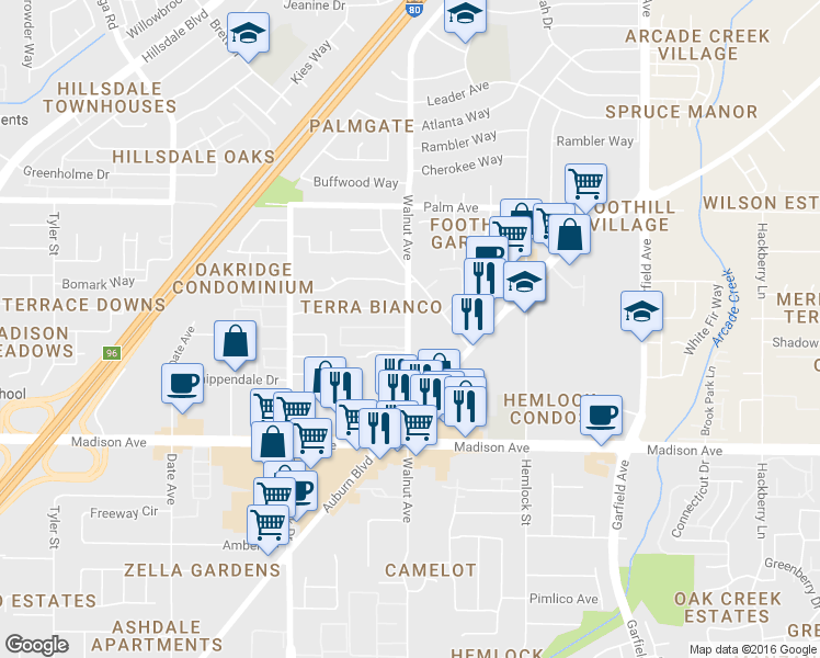 map of restaurants, bars, coffee shops, grocery stores, and more near 5350 Walnut Ave in Sacramento