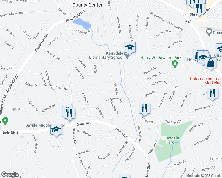 map of restaurants, bars, coffee shops, grocery stores, and more near 4704 Kenny Court in Woodbridge
