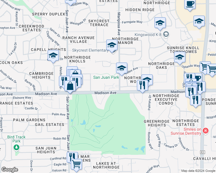 map of restaurants, bars, coffee shops, grocery stores, and more near 7575 Madison Avenue in Citrus Heights