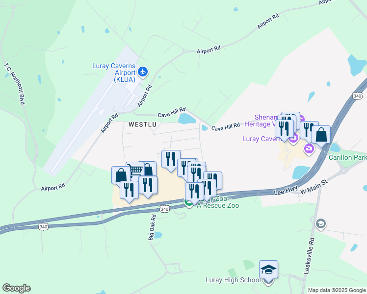 map of restaurants, bars, coffee shops, grocery stores, and more near 203 Allison Drive in Luray