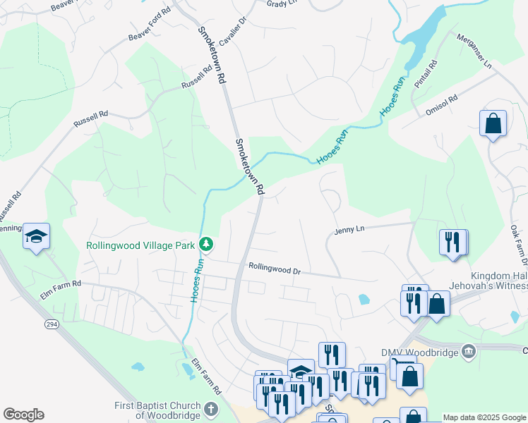 map of restaurants, bars, coffee shops, grocery stores, and more near 13307 Smoketown Road in Woodbridge