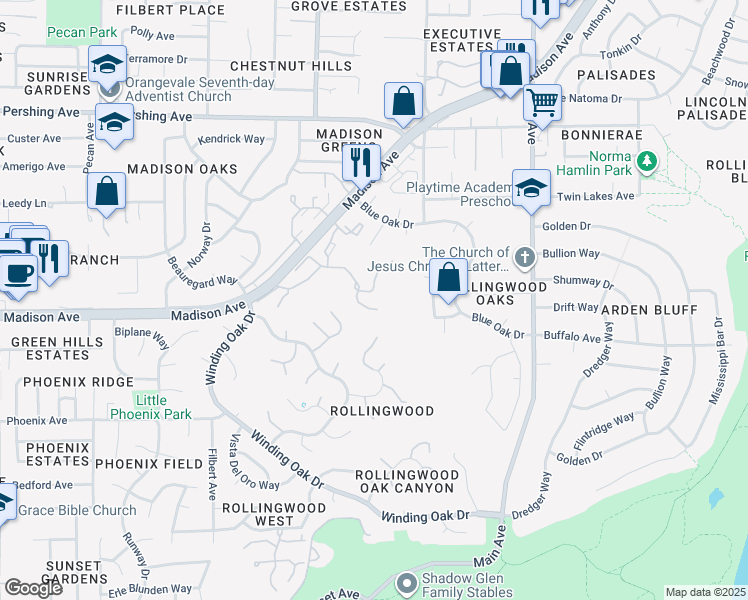 map of restaurants, bars, coffee shops, grocery stores, and more near 5343 Dawn Oak Lane in Fair Oaks