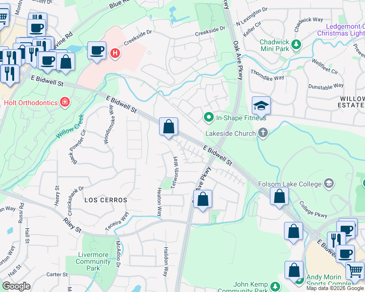 map of restaurants, bars, coffee shops, grocery stores, and more near 1150 Reston Drive in Folsom