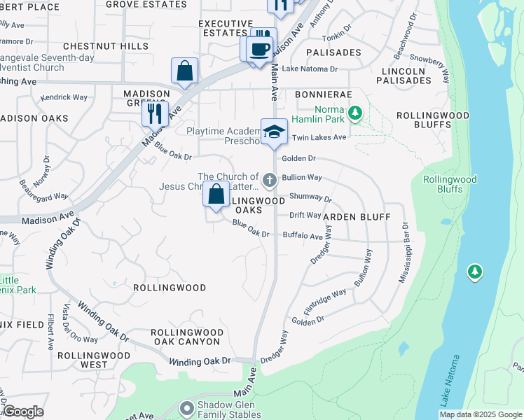 map of restaurants, bars, coffee shops, grocery stores, and more near 5345 Main Avenue in Orangevale
