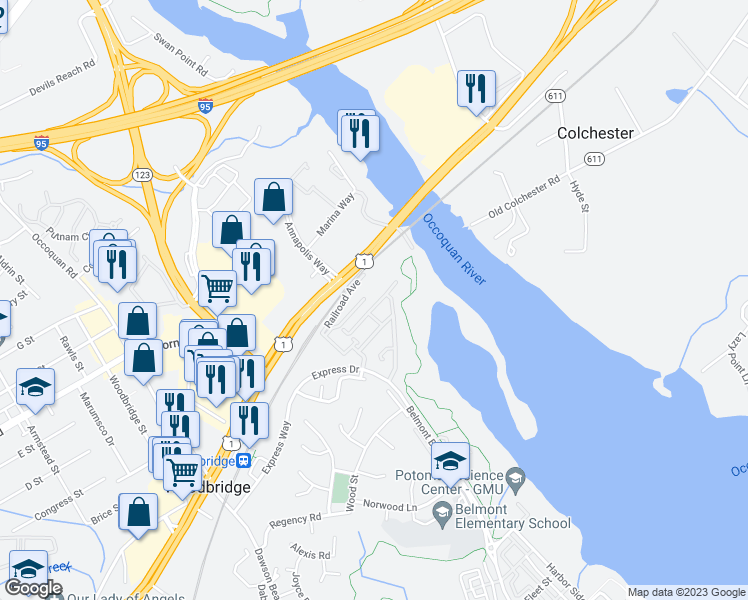 map of restaurants, bars, coffee shops, grocery stores, and more near 13332 Colchester Ferry Place in Woodbridge