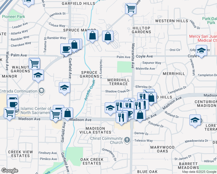 map of restaurants, bars, coffee shops, grocery stores, and more near 5712 Raybel Avenue in Sacramento
