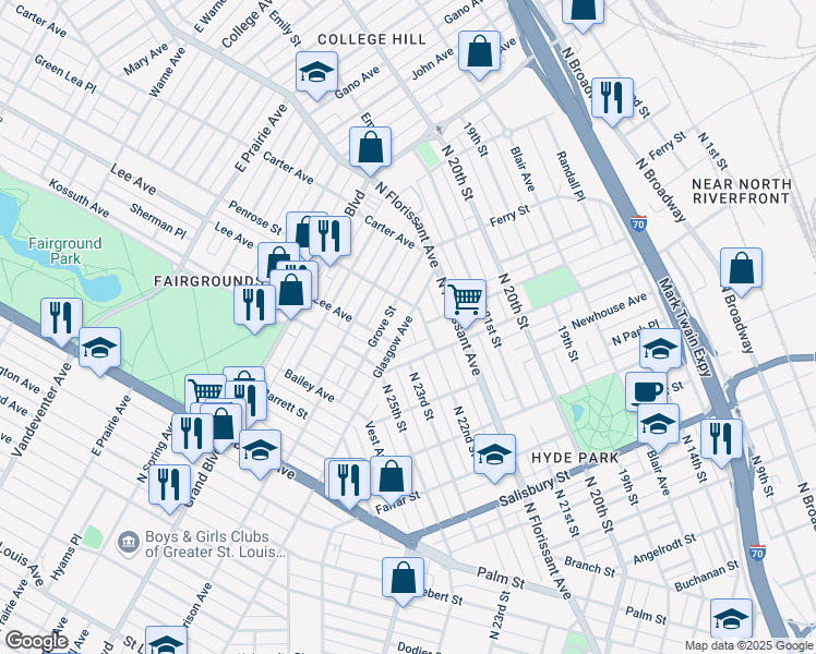 map of restaurants, bars, coffee shops, grocery stores, and more near 4132 Glasgow Avenue in St. Louis