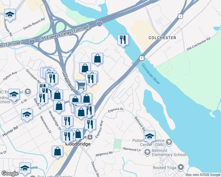 map of restaurants, bars, coffee shops, grocery stores, and more near Jefferson Davis Highway in Woodbridge