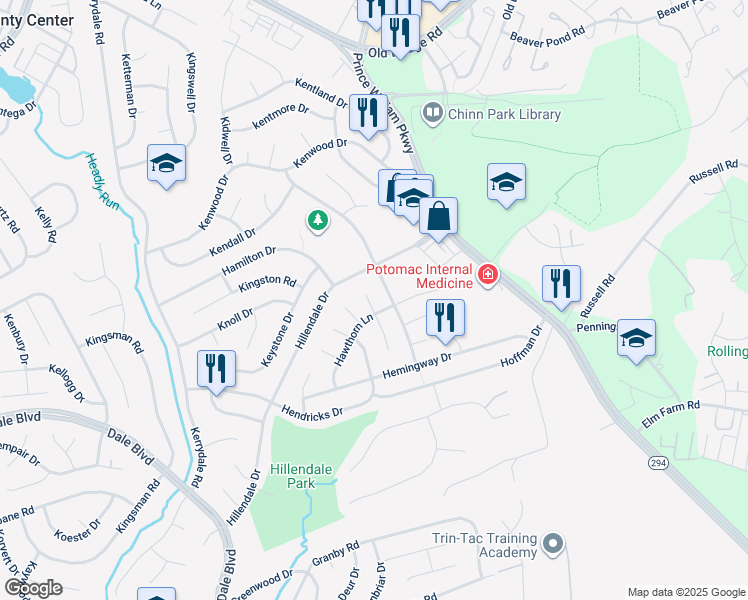 map of restaurants, bars, coffee shops, grocery stores, and more near 13205 Huntington Lane in Woodbridge