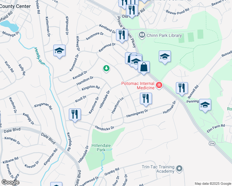map of restaurants, bars, coffee shops, grocery stores, and more near 13203 Hampshire Court in Woodbridge