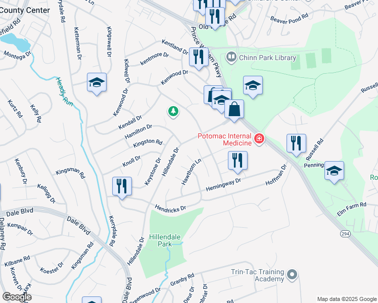 map of restaurants, bars, coffee shops, grocery stores, and more near 13203 Hampshire Court in Woodbridge