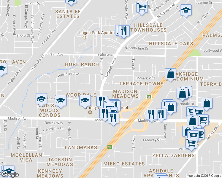 map of restaurants, bars, coffee shops, grocery stores, and more near 4318 Turnsworth Court in Sacramento