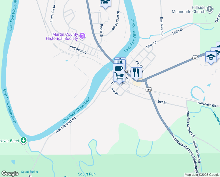 map of restaurants, bars, coffee shops, grocery stores, and more near 101-107 1st Street in Shoals