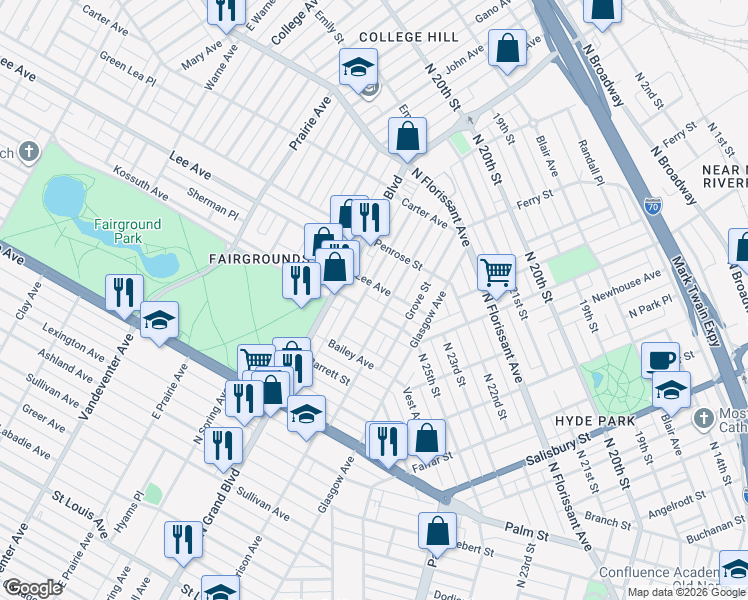 map of restaurants, bars, coffee shops, grocery stores, and more near in St. Louis