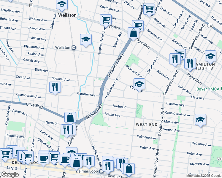 map of restaurants, bars, coffee shops, grocery stores, and more near 6037 Bartmer Avenue in St. Louis