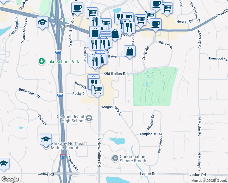 map of restaurants, bars, coffee shops, grocery stores, and more near 539 Coeur De Royale Drive in St. Louis