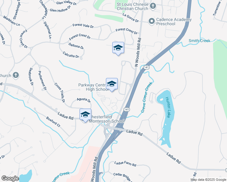 map of restaurants, bars, coffee shops, grocery stores, and more near 363 North Woods Mill Road in Town and Country