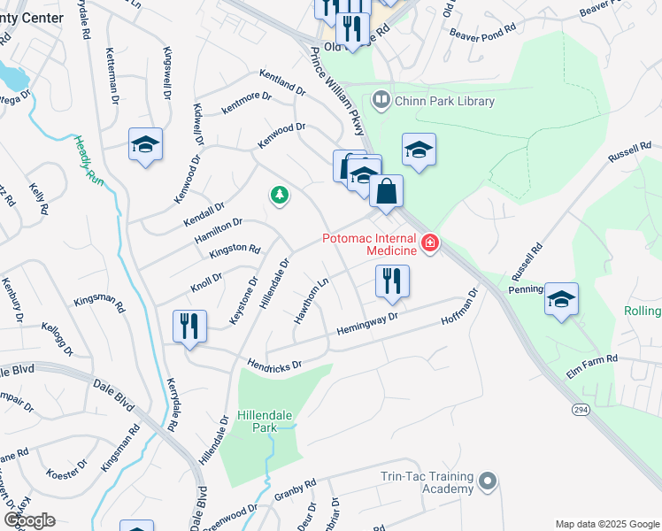 map of restaurants, bars, coffee shops, grocery stores, and more near 13205 Huntington Lane in Woodbridge