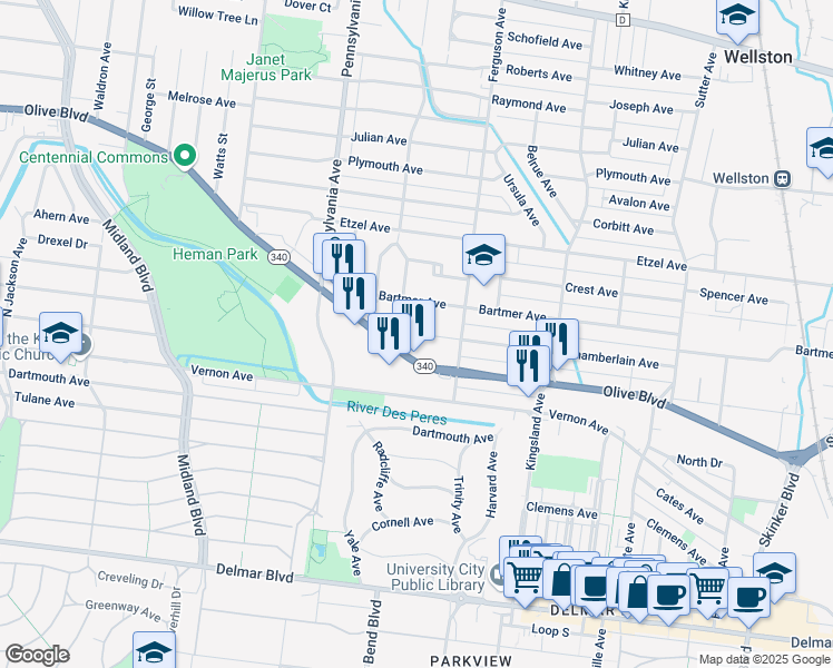 map of restaurants, bars, coffee shops, grocery stores, and more near 6839 Chamberlain Court in University City