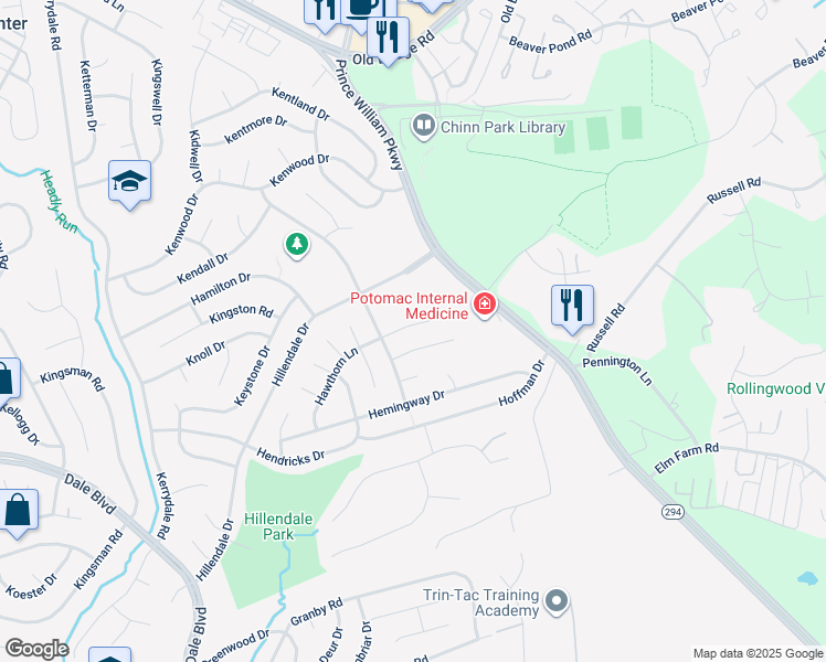 map of restaurants, bars, coffee shops, grocery stores, and more near 13209 Hawthorn Lane in Woodbridge