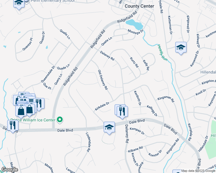 map of restaurants, bars, coffee shops, grocery stores, and more near 4981 Karen Road in Woodbridge