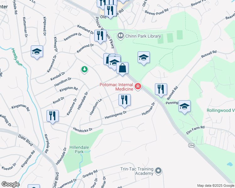 map of restaurants, bars, coffee shops, grocery stores, and more near 13209 Hawthorn Lane in Woodbridge