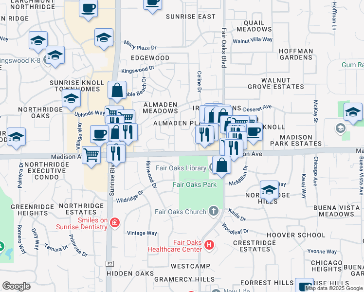map of restaurants, bars, coffee shops, grocery stores, and more near 8035 Madison Avenue in Citrus Heights