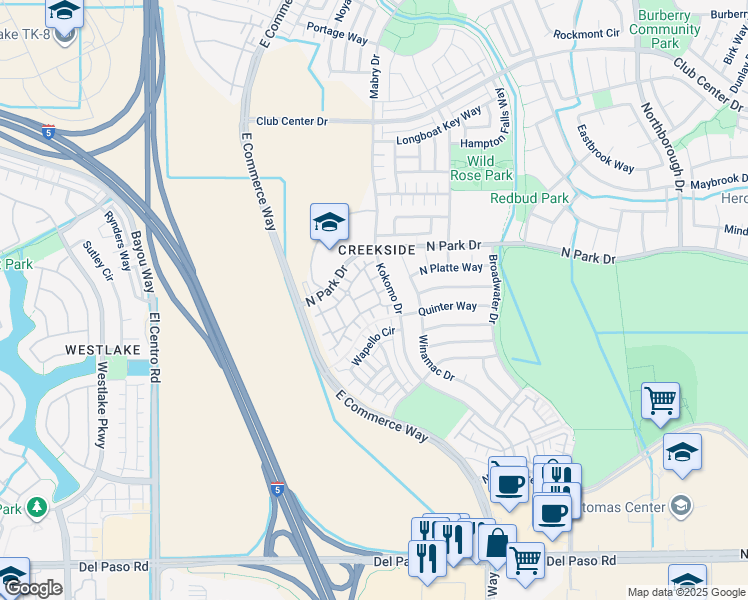 map of restaurants, bars, coffee shops, grocery stores, and more near 160 Wapello Circle in Sacramento