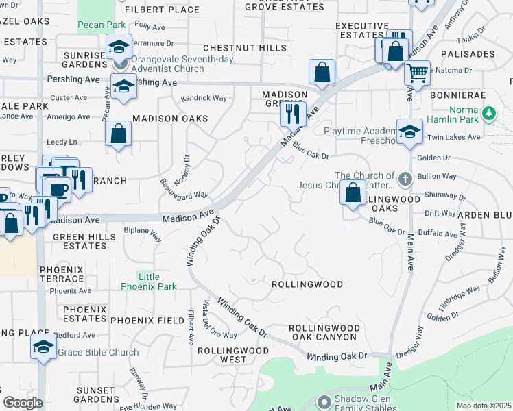 map of restaurants, bars, coffee shops, grocery stores, and more near 9160 Madison Avenue in Fair Oaks