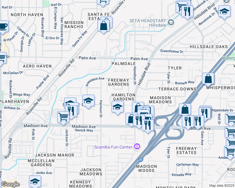 map of restaurants, bars, coffee shops, grocery stores, and more near 4210 Oberon Avenue in North Highlands