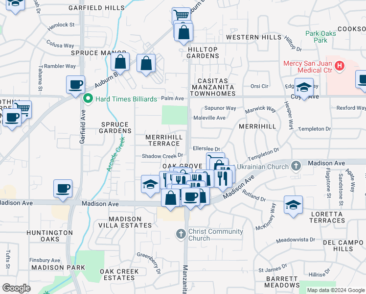 map of restaurants, bars, coffee shops, grocery stores, and more near 5325 Manzanita Avenue in Carmichael