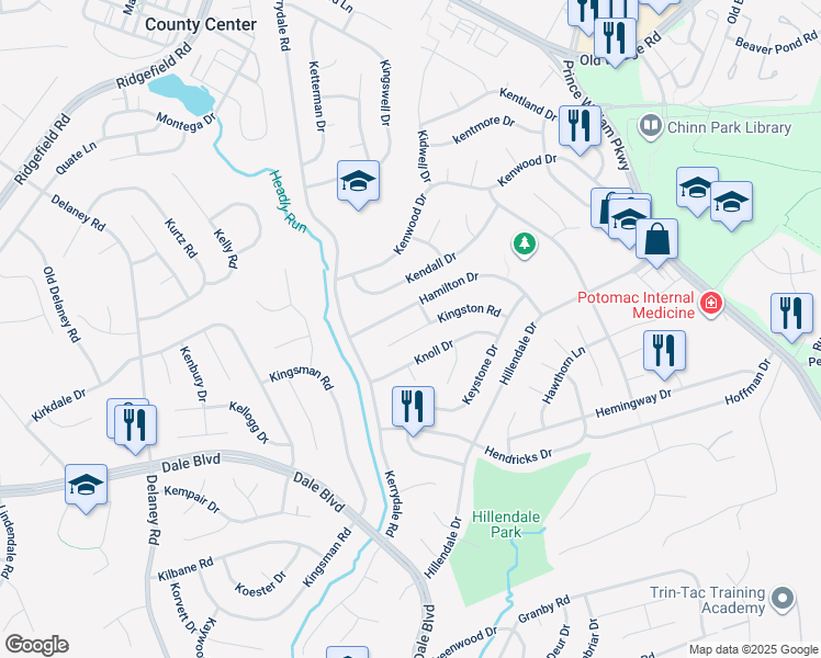 map of restaurants, bars, coffee shops, grocery stores, and more near 4530 Kingston Road in Woodbridge