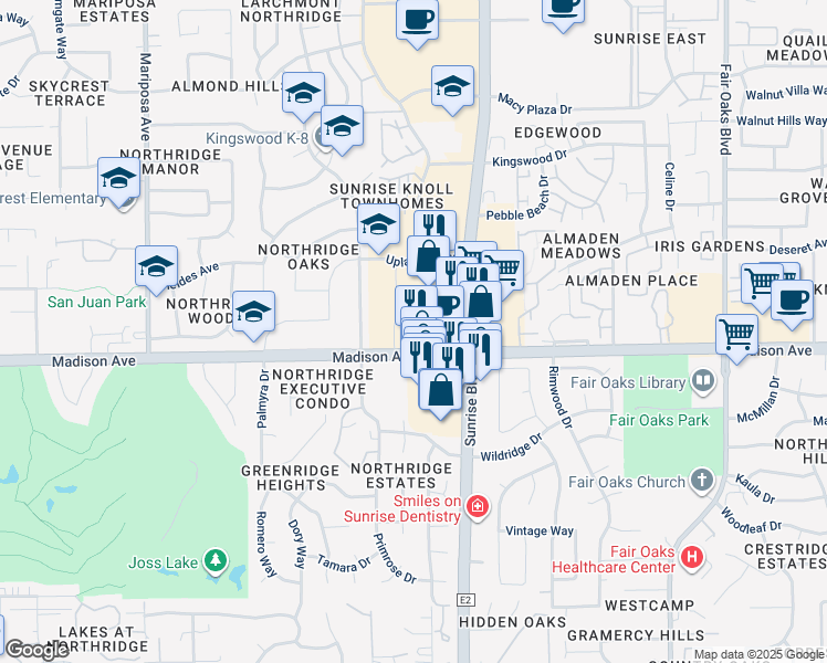 map of restaurants, bars, coffee shops, grocery stores, and more near 7803 Village Way in Citrus Heights
