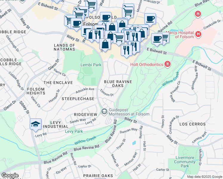map of restaurants, bars, coffee shops, grocery stores, and more near 107 Framingham Way in Folsom