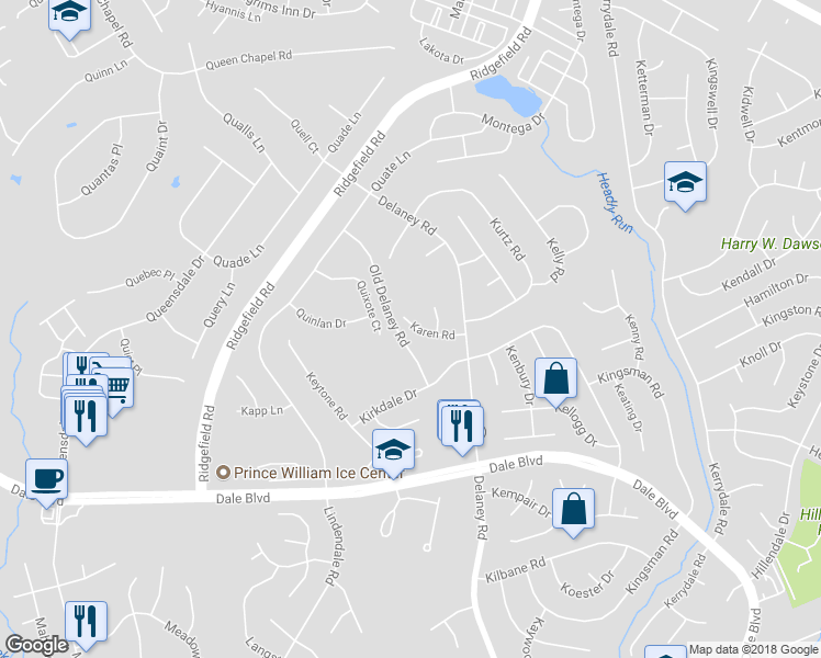 map of restaurants, bars, coffee shops, grocery stores, and more near 4981 Karen Road in Woodbridge