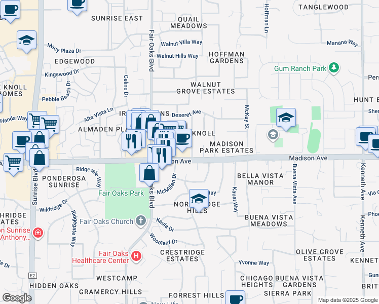 map of restaurants, bars, coffee shops, grocery stores, and more near 8172 McMillan Drive in Fair Oaks