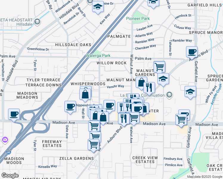 map of restaurants, bars, coffee shops, grocery stores, and more near 5341 Walnut Avenue in Sacramento