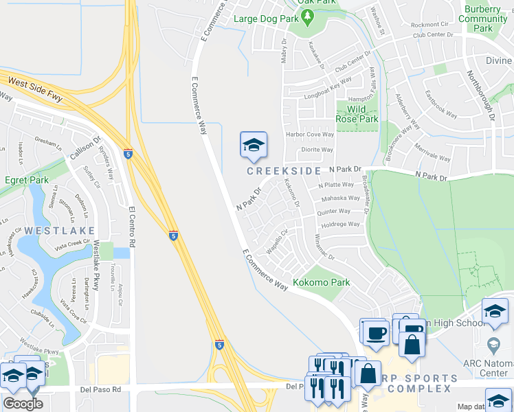 map of restaurants, bars, coffee shops, grocery stores, and more near 3301 North Park Drive in Sacramento