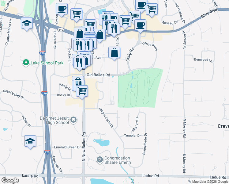 map of restaurants, bars, coffee shops, grocery stores, and more near 537 Sarah Lane in Creve Coeur