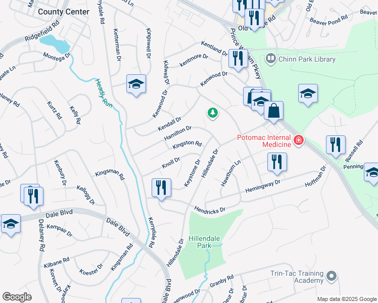 map of restaurants, bars, coffee shops, grocery stores, and more near 4506 Knoll Drive in Woodbridge