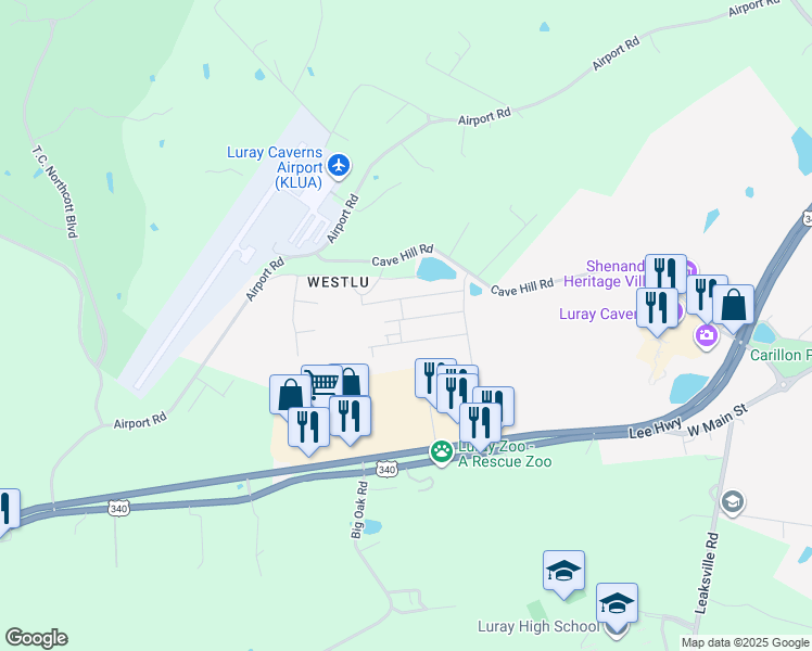 map of restaurants, bars, coffee shops, grocery stores, and more near 203 Allison Drive in Luray