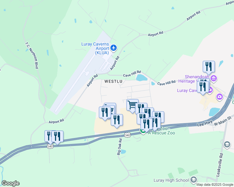 map of restaurants, bars, coffee shops, grocery stores, and more near 224 Caterpillar Drive in Luray