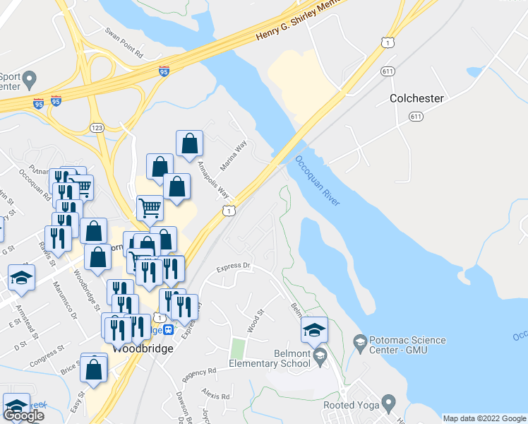 map of restaurants, bars, coffee shops, grocery stores, and more near 13324 Colchester Ferry Place in Woodbridge