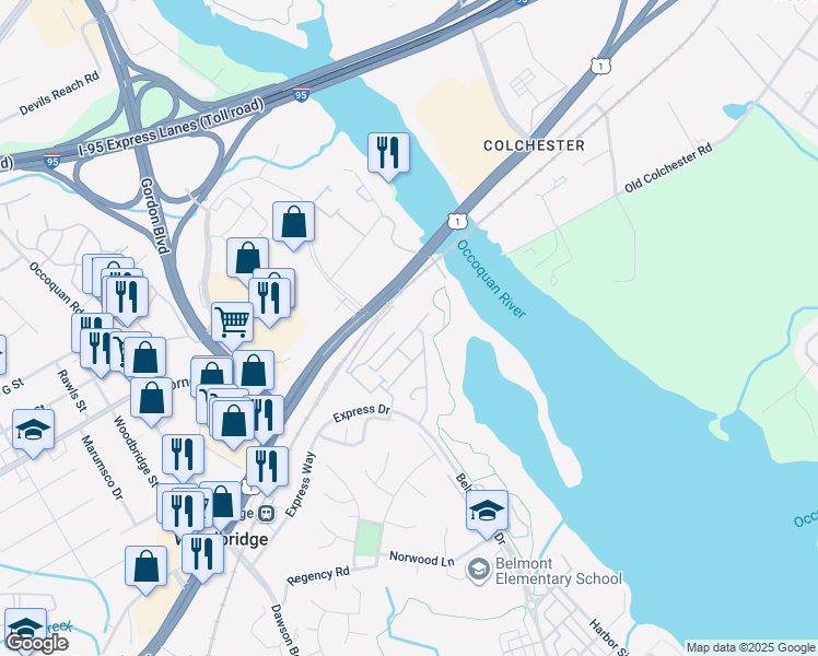 map of restaurants, bars, coffee shops, grocery stores, and more near 13324 Colchester Ferry Place in Woodbridge