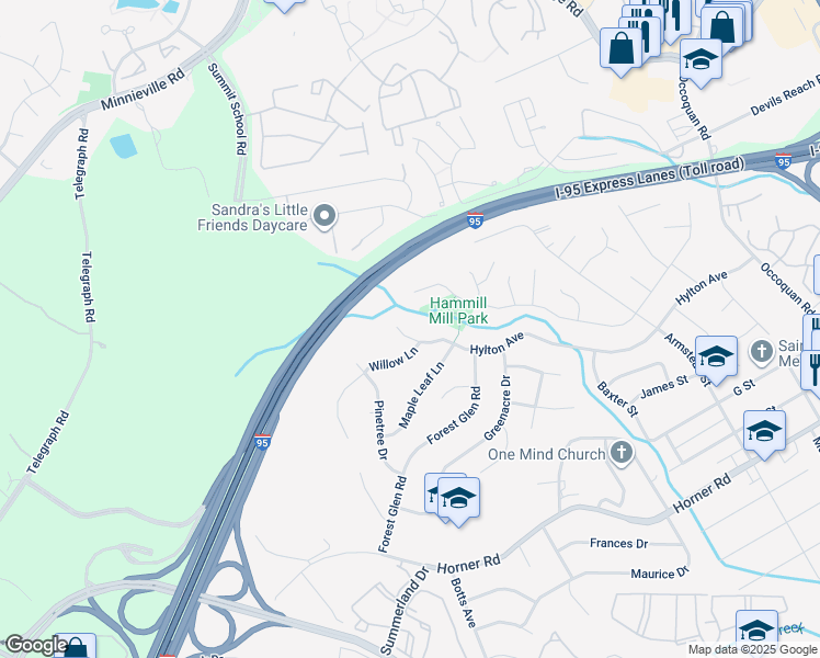 map of restaurants, bars, coffee shops, grocery stores, and more near 1826 Hylton Avenue in Woodbridge